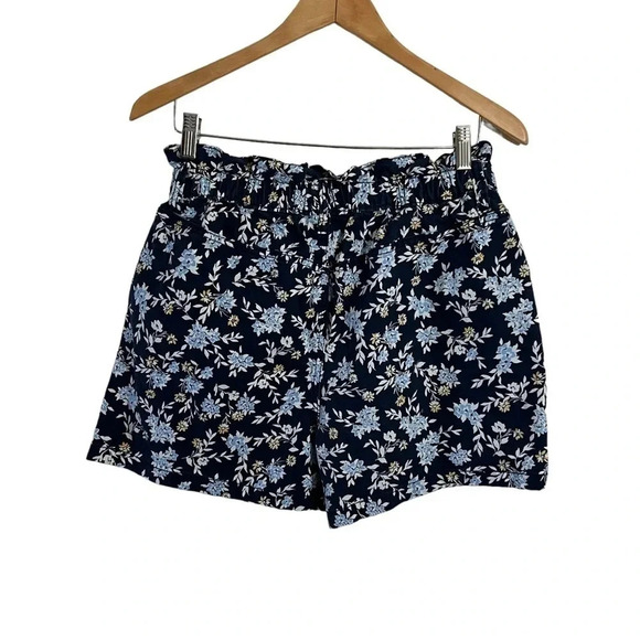 Time and Tru Floral Shorts Size 12 High Rise Ruffled Elastic Waist Mom Fit Blue - Picture 2 of 4